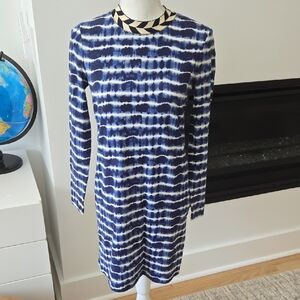 Tory Burch Hollie Navy and White Tie-Dye Long Sleeve Dress 100% Cotton Small